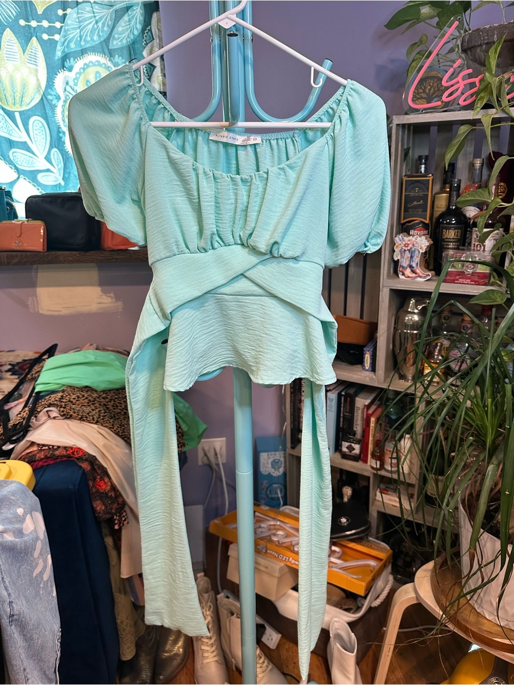 Altar'd State Mint Puff-Sleeve Wrap Peplum Blouse